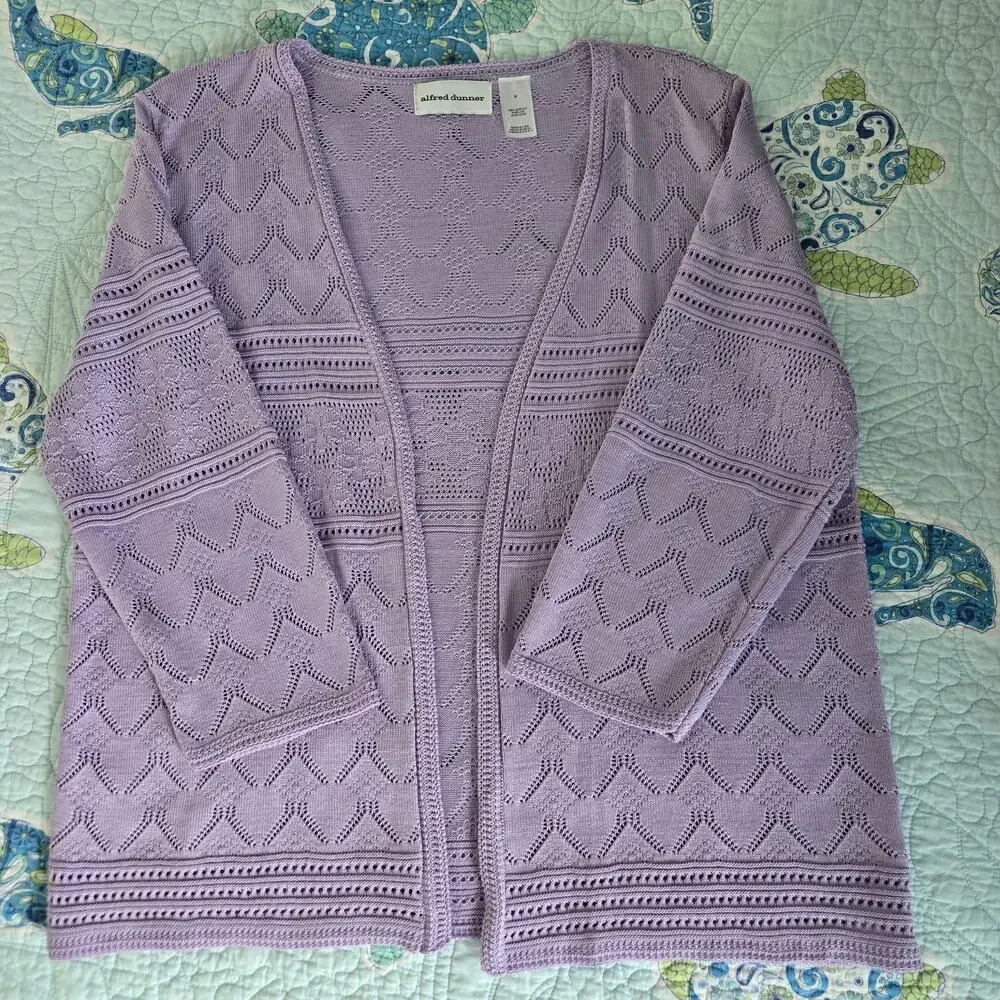 Alfred Dunner Women's Lavender Crocheted Knit Open Front Sweater Cardigan Medium